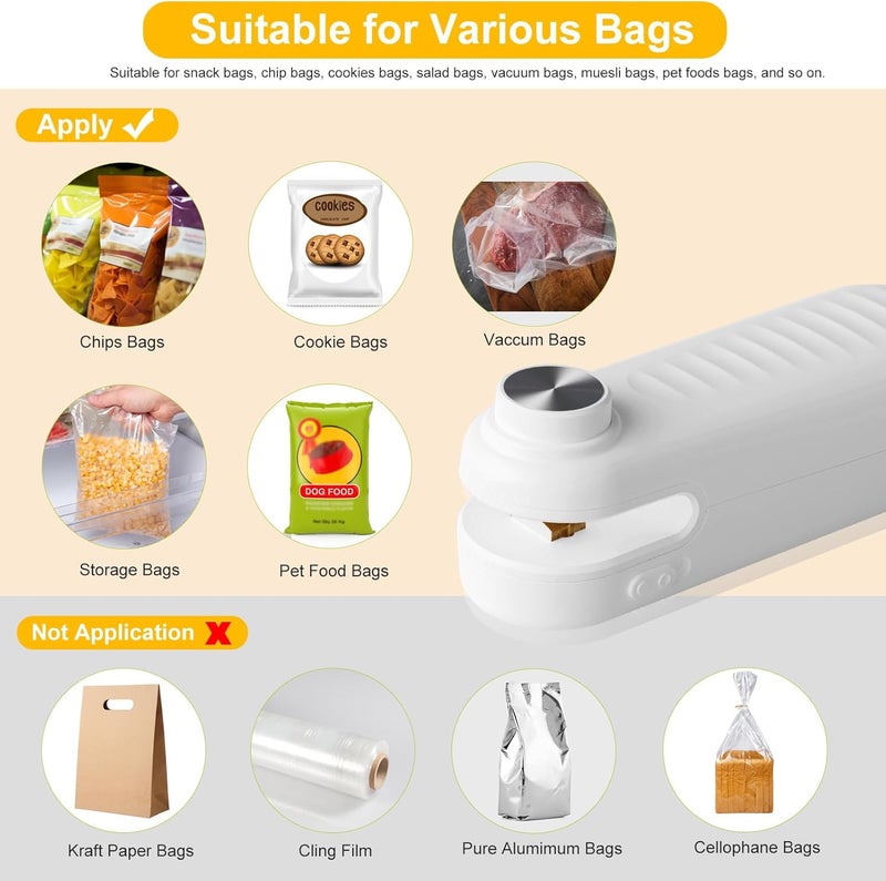 Aedicce 2 in 1 Mini Bag Sealer, Bag Sealer Heat Seal with Cutter, USB C Rechargeable Chip Bag Sealer Heat Seal, Portable Bag Resealer for Plastic Bags Snacks & Food Storage,Ivory White - Image 5